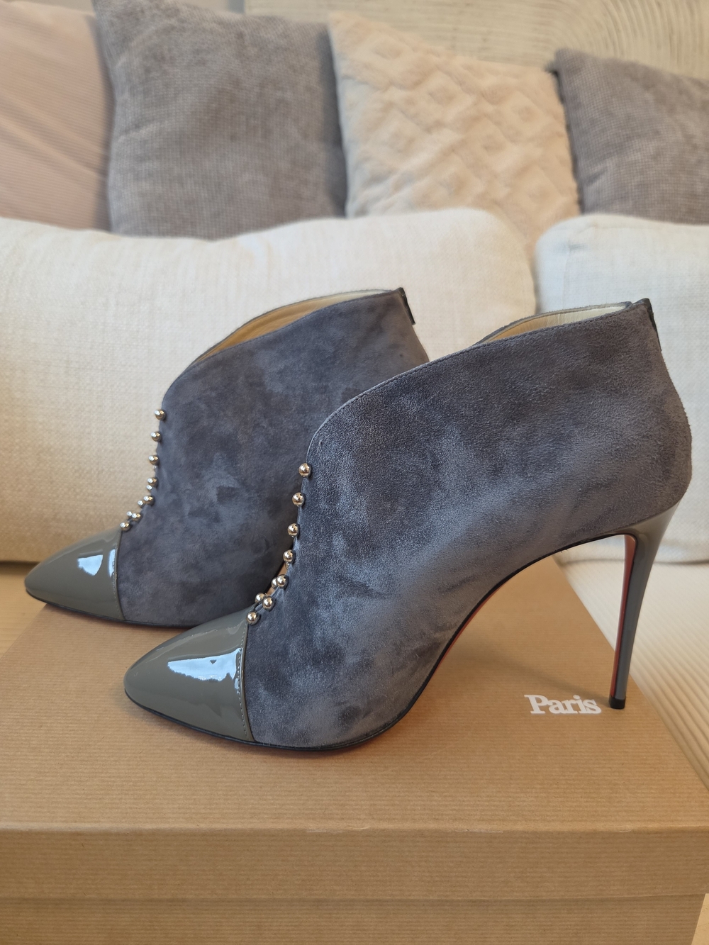Christian Louboutin Grey Suede & Patent Leather Ankle Booties